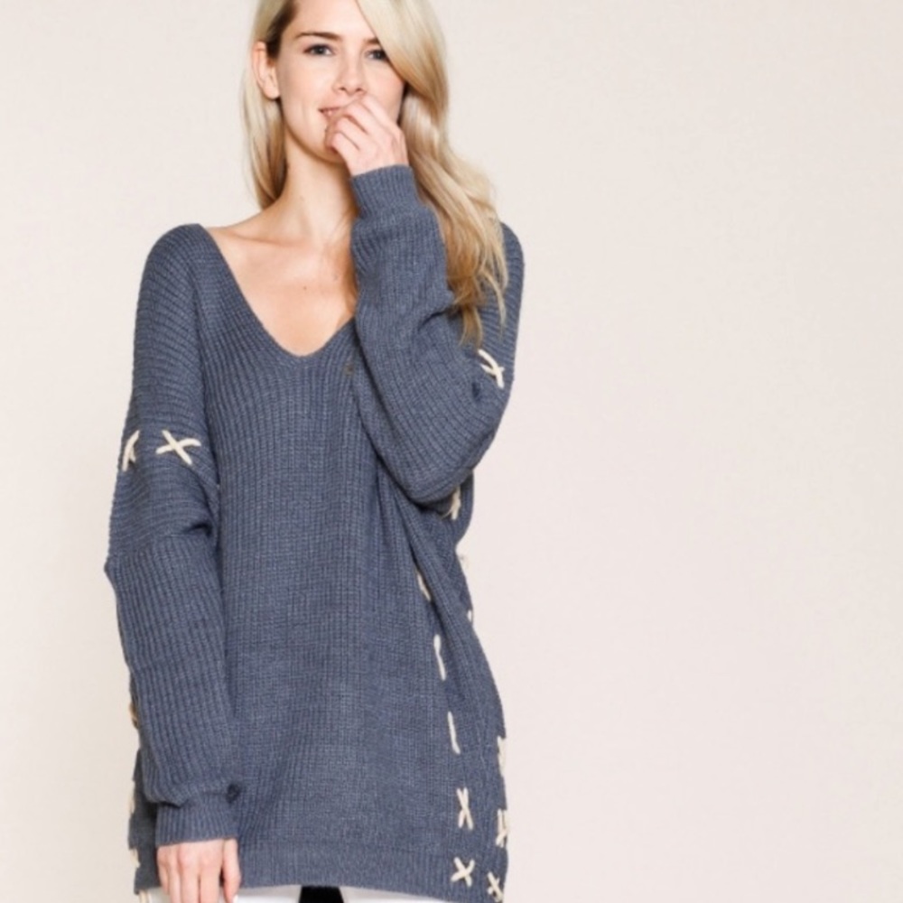 ❄️BLUE MOHAIR BLEND LACE UP SWEATER - Picture 4 of 9